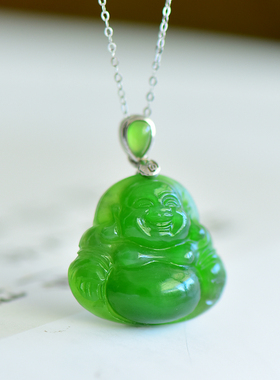 S925银新疆和田玉碧玉阳绿弥勒笑佛佛公玉石吊坠挂件玉坠项链