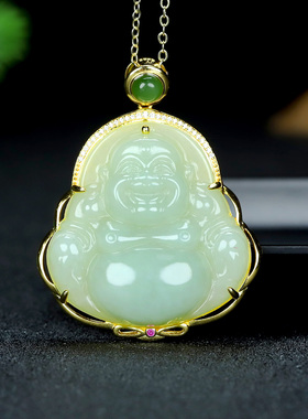 S925银镶新疆和田玉白玉佛公玉石吊坠挂件时尚男女款玉坠项链