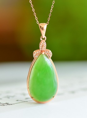 S925银和田玉碧玉菠菜绿水滴形玉石吊坠挂件时尚气质女款玉坠