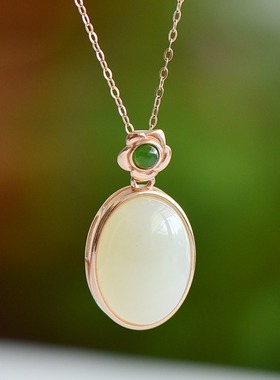S925银和田玉白玉椭圆蛋形平安吊坠挂件时尚气质女款玉坠项链