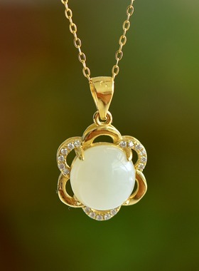 S925银新疆和田玉白玉蛋面玉石吊坠挂件时尚气质女款玉坠项链