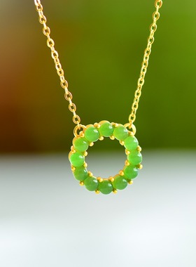 S925银镶嵌和田玉碧玉阳绿圆环玉石吊坠挂件时尚女款玉坠项链