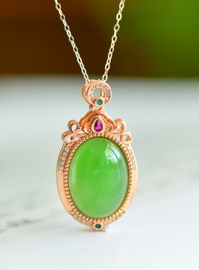 S925银和田玉碧玉菠菜绿蛋形玉石吊坠挂件时尚气质女玉坠项链