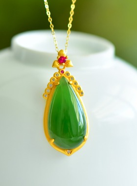 S925银镶和田玉碧玉菠菜绿水滴玉石吊坠挂件时尚女款玉坠项链