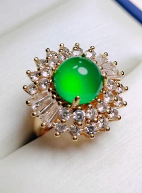 天然冰彩绿玉髓豪华镶嵌绒花款满钻戒指简约时尚女款指环戒圈饰品