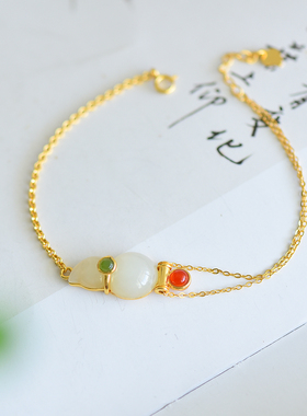 s925银和田玉新款白玉福禄手链时尚百搭百搭多宝手串配饰礼品