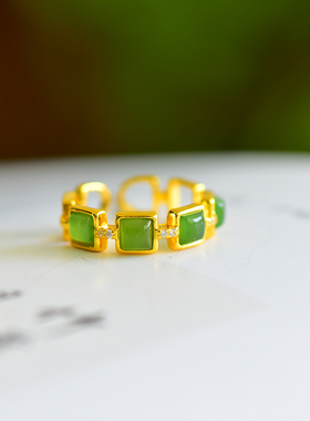 s925银古法镶嵌新疆和田玉碧玉方形七星戒指简约时尚指环戒圈