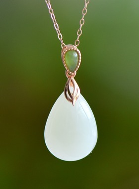 S925银和田玉白玉水滴玉石吊坠挂件时尚气质百搭女款玉坠项链