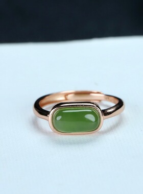 s925银镶嵌新疆和田玉碧玉方形戒指简约时尚百搭指环戒圈饰品