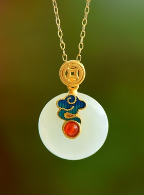 S925银和田玉白玉祥云平安扣玉石吊坠挂件时尚气质女玉坠项链