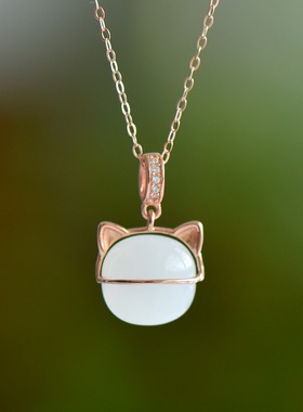 S925银和田玉白玉小猫咪玉石吊坠挂件时尚百搭气质款玉坠项链