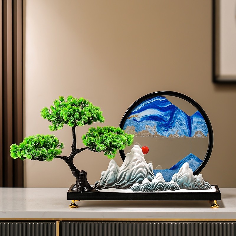 创意山水流沙画沙漏迎客松摆件新中式客厅玄关办公室茶室软装饰品