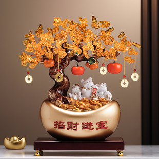 招财猫发财树黄水晶摇钱树摆件办公室店铺前台装饰品乔迁开业礼物