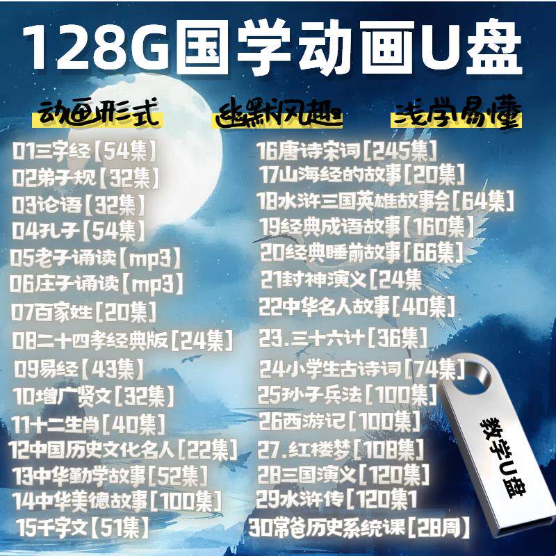 儿童国学早教视频全集国学故事三字经弟子规唐诗宋词128G动画u盘