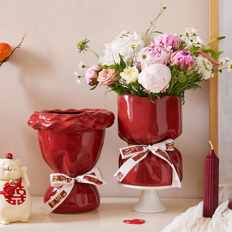 新年花瓶摆件客厅插花瓶红色高级感陶瓷花瓶结婚送人新家乔迁礼物,鲜花速递/花卉仿真/绿植园艺,花瓶,淘宝优惠券,粉丝福利购,淘宝优惠卷