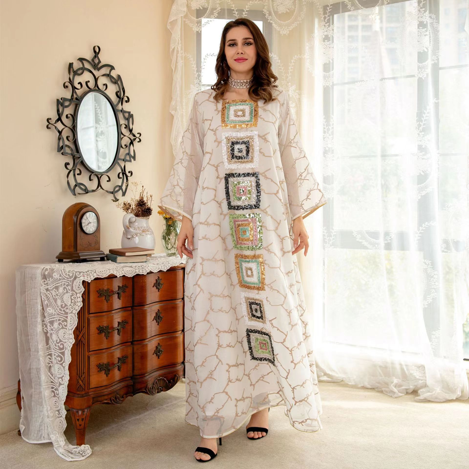气质方领亮片绣花宽松连衣裙聚会长裙 sequin embroidered dress