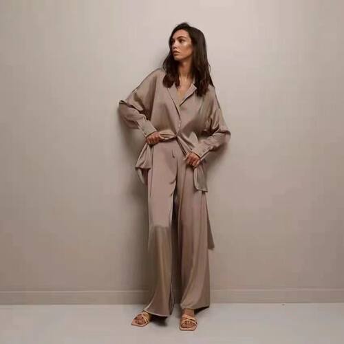 2022 New Ladies Satin Top + Trousers Casual Loose Pajama Set