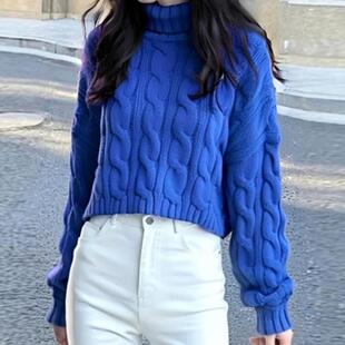 MONLOUVE高级感绝美蓝色绞花高领长袖毛衣针织衫女秋冬款软糯百搭