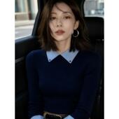 MONLOUVE覆古高级感藏蓝色Polo领长袖 简约洋气 款 毛衣针织衫 女秋季