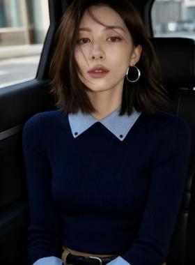 MONLOUVE覆古高级感藏蓝色Polo领长袖毛衣针织衫女秋季款简约洋气