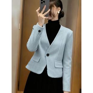 MONLOUVE高级感绝美雾霾蓝v领呢子长袖短外套女秋冬款小众不撞款