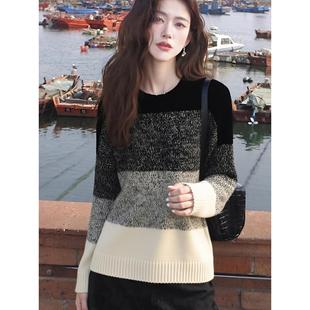 MONLOUVE高级感绝美费尔岛圆领长袖毛衣针织衫女秋冬新款显瘦宽松