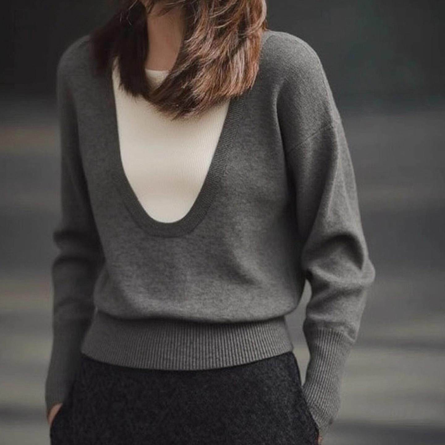 MONLOUVE韩系复古高级感灰色圆领长袖假两件针织衫女秋季款设计感