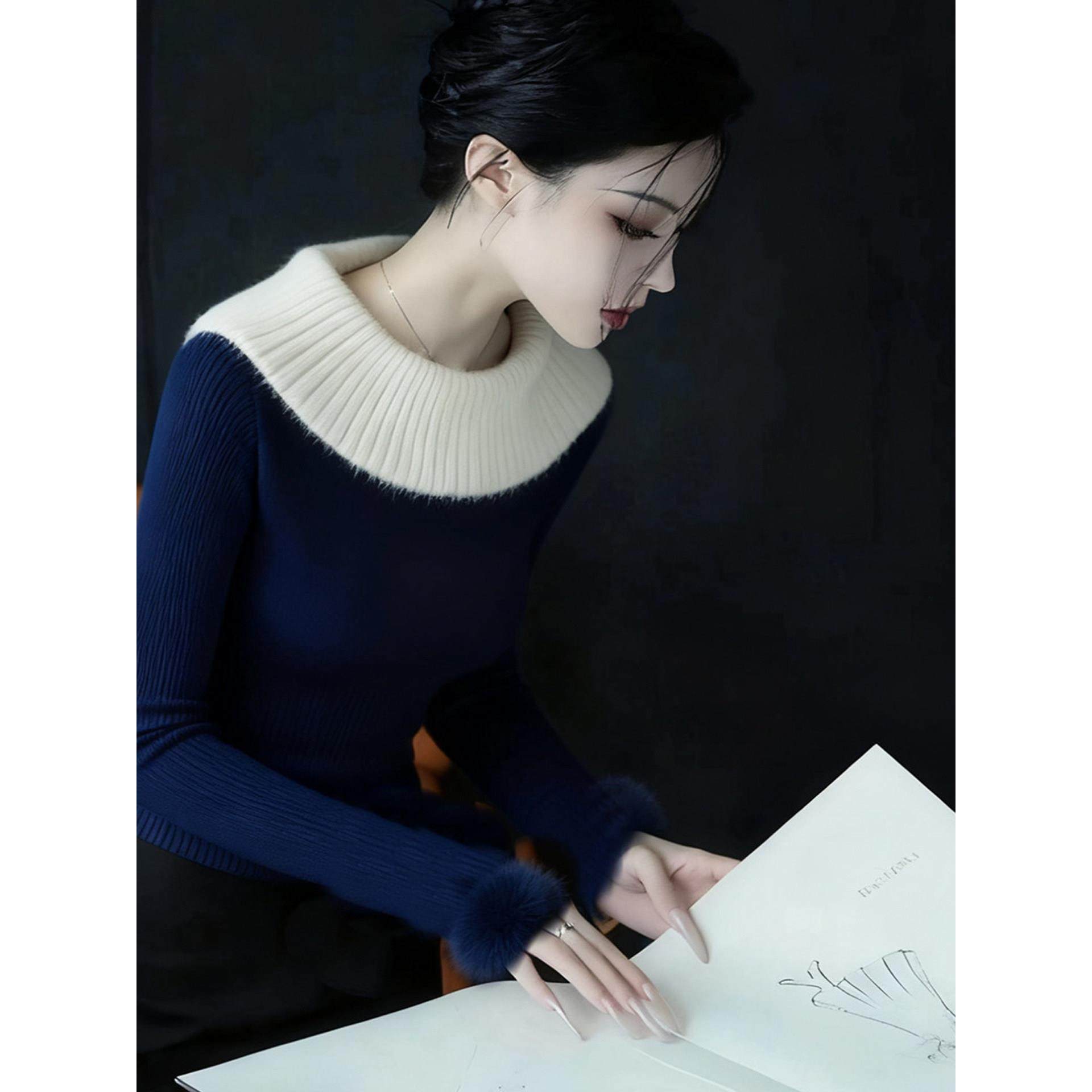 MONLOUVE高级感绝美藏蓝色圆领长袖假两件毛衣针织衫女秋冬款淡人