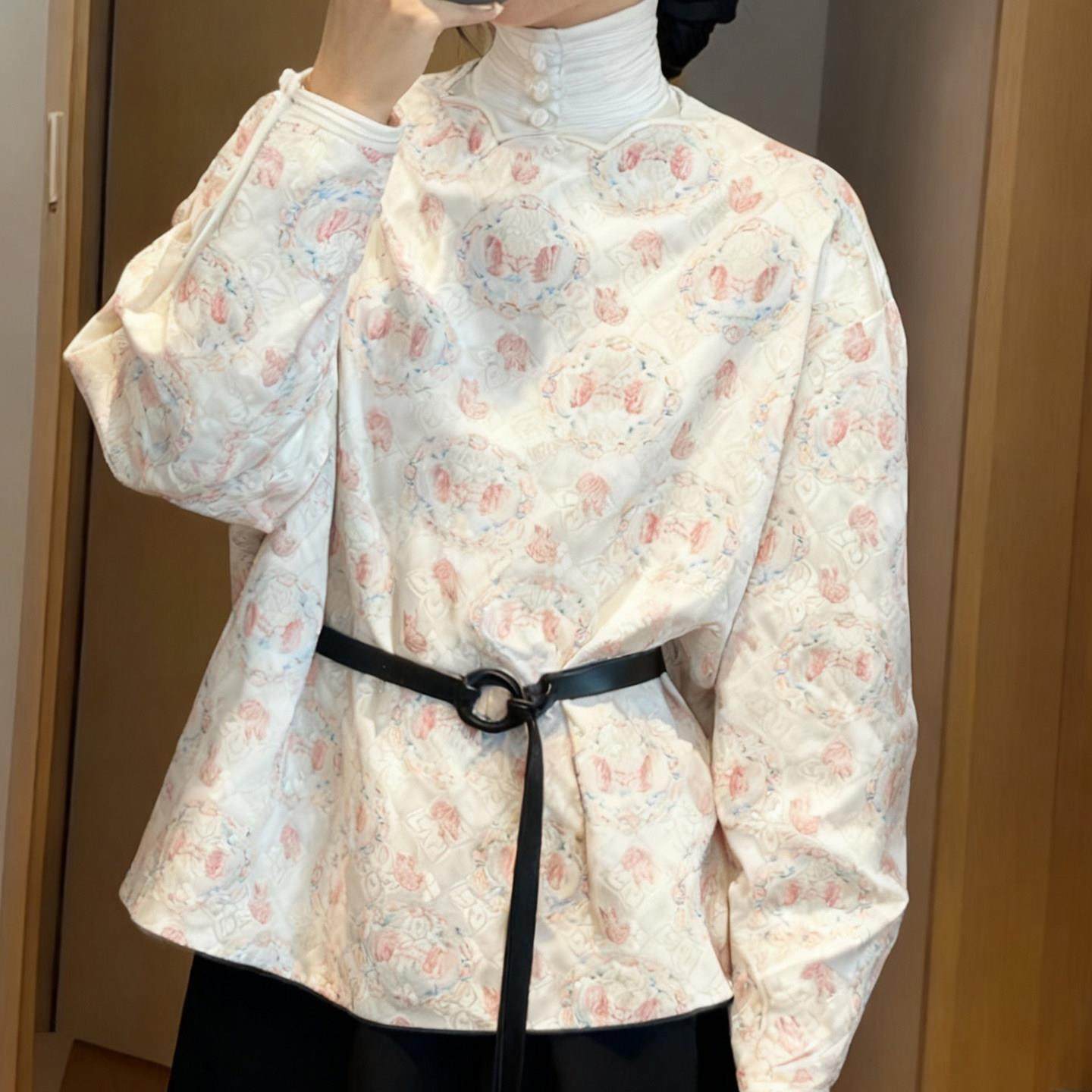 MONLOUVE高级感新中式国风印花高领长袖衬衫女秋季新款超好看减龄