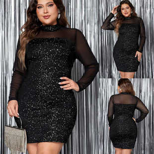 plus size women Glitter 网纱拼接大码 Neck dress 连衣裙女 High