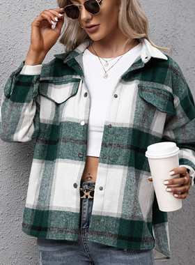 2024Autumn women blazer casual shirt plaid jacket coat女外套