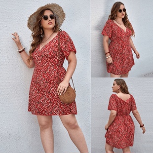 dress women neck lady summer big 大码 Plus Print size