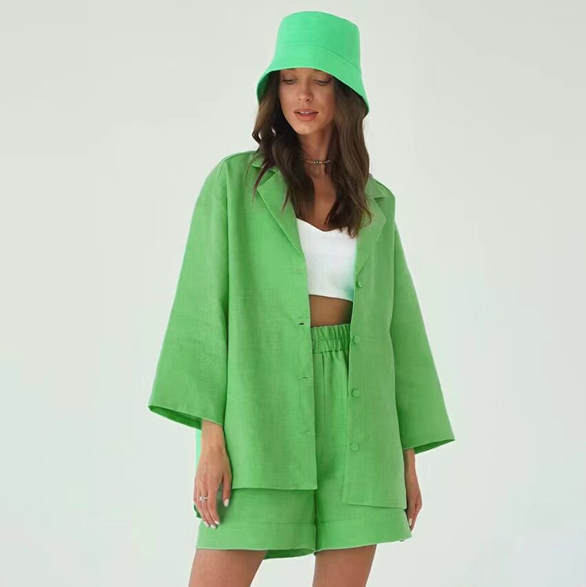 欧美风时尚衬衫宽松短裤俩件套气质百搭休闲套装shirt shorts set
