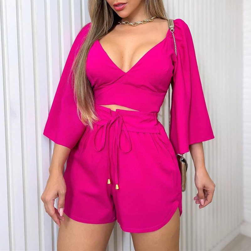 欧美V领露背喇叭袖上衣短裤套装V-Neck Open Back Top Shorts Set