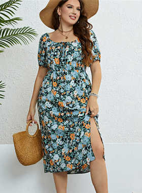 Square Neck Flattering Plus Size Printed Women Summer Dress