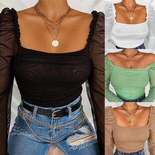 Womens Long Sleeve Sexy Black Mesh Top T Shirts Tops Retro