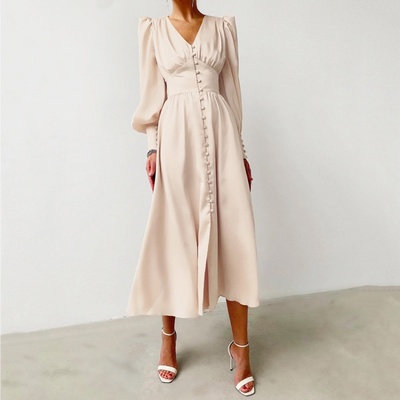 European and American autumn silky satin lantern sleeve dres