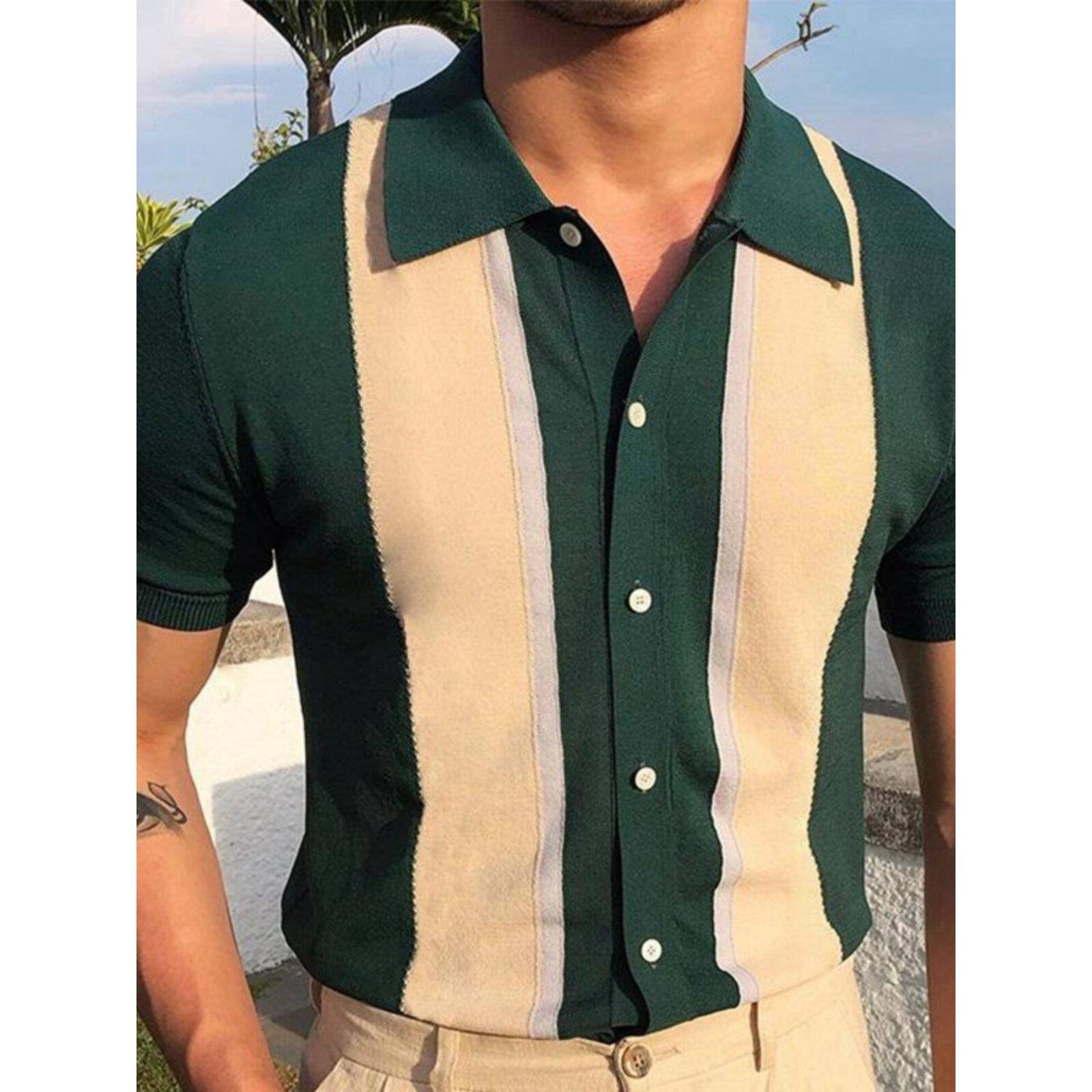 欧美男装2025翻领撞色T恤衫单排扣开衫针织短袖POLO衫Men T-Shirt