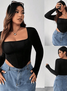 2024 Women Long Sleeve T-shirt square collar Plus size tops