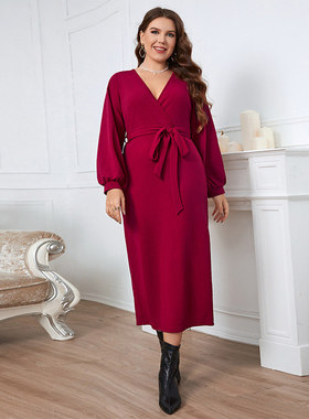 Plus Size Spring autumn V-neck red long sleeved gown dress