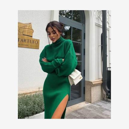 Autumn winter high neck loose Women Pullover Top split Skirt