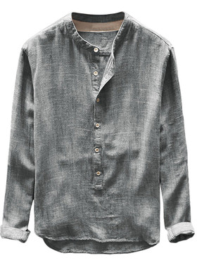 Mens Shirt Button Casual Linen And Cotton Long Sleeve Shirt