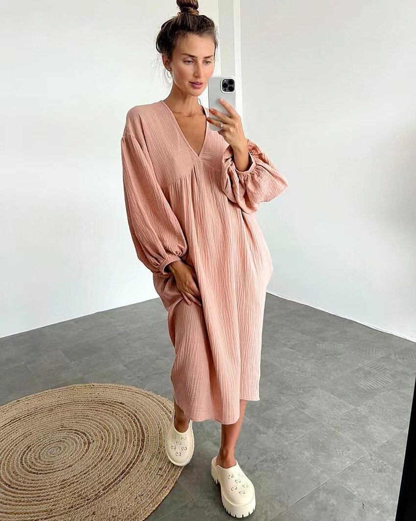 欧美风2023新款女装长袖V领宽松连衣裙居家服 V-neck loose dress