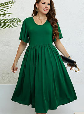 big size women summer green dress 夏季圆领绿色收腰显瘦连衣裙