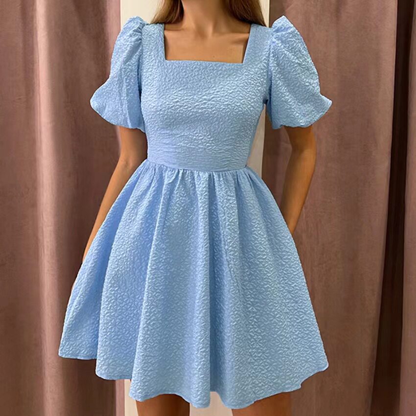 欧美风时尚方领泡泡袖短裙法式气质提花连衣裙 square neck dress