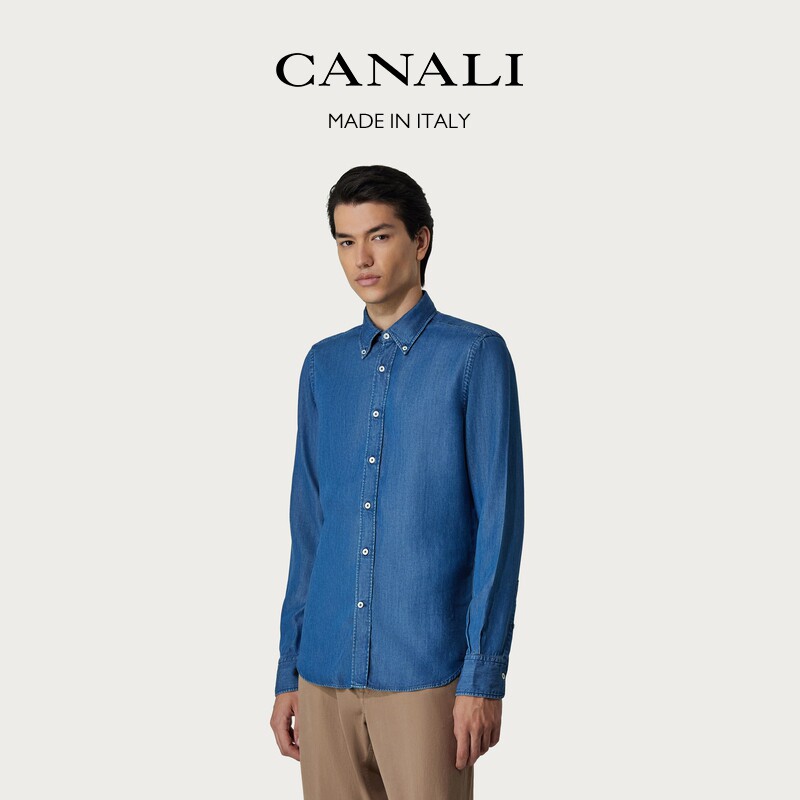 CANALI康纳利浅蓝色莱赛尔纤维修身长袖男士休闲衬衫