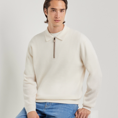 【26秋冬新品】CANALI康纳利乳白色羊毛和羊绒混纺拉链男士Polo衫