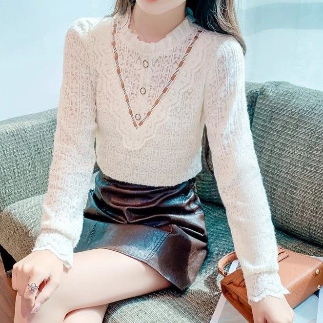 加绒加厚蕾丝打底衫女2025新款