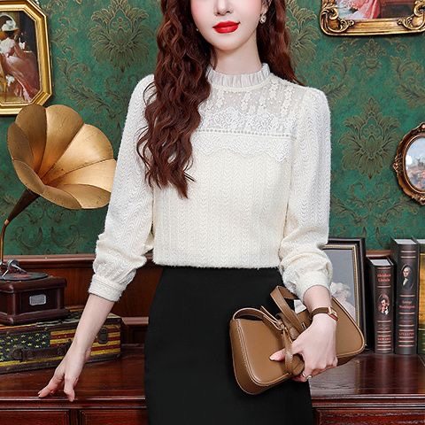 绝美蕾丝花边高领打底衫女2025新款冬加绒加厚内搭叠穿钉珠上衣