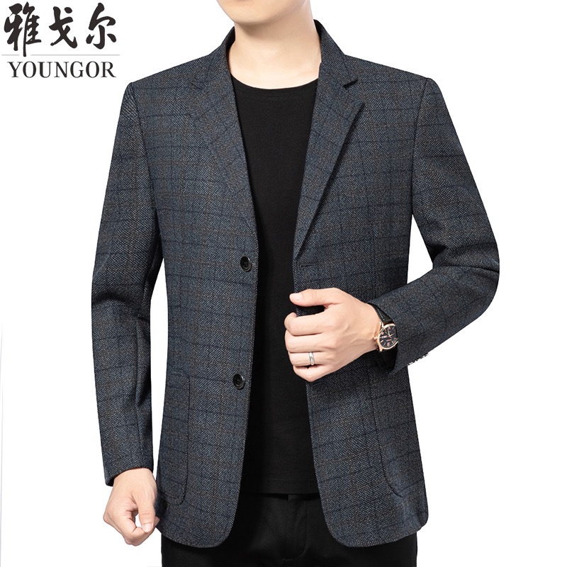 雅戈尔秋季新款男士单西外套商务休闲羊毛免烫西服绅士格子西装外套